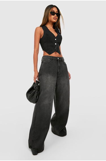 High Waist Wide Leg Jeans - washed black