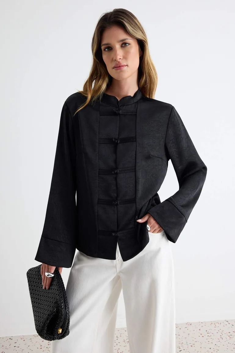 Black Textured Satin Shirt with Closure Detail - 1
