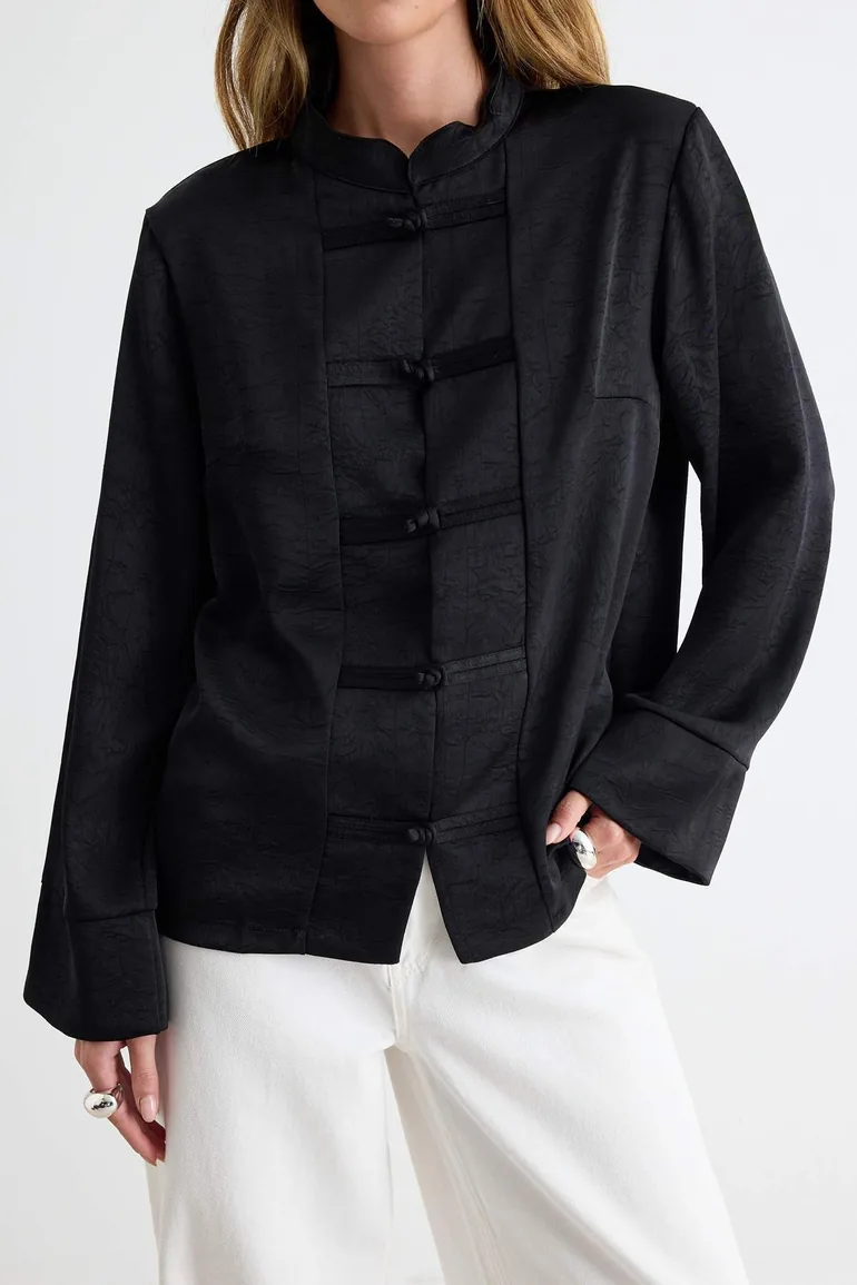 Black Textured Satin Shirt with Closure Detail - 2