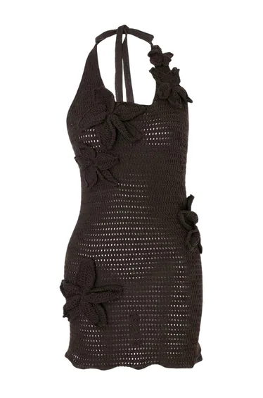 Brown Knitwear Floral Appliqued Beach Mini Dress