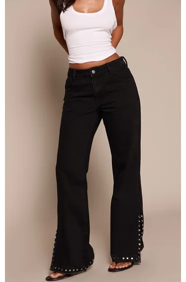 Petite Black Flared Stud Split Hem Jeans