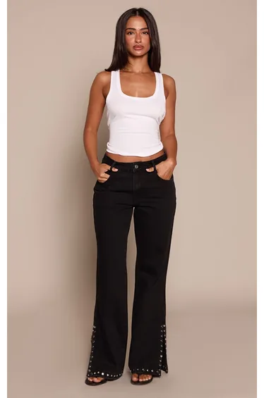 Petite Black Flared Stud Split Hem Jeans
