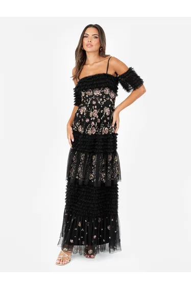 Maya Black Embellished Ruffle Bardot Maxi Dress
