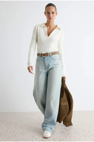 Light Blue Draped High Waist Wide Leg Jeans