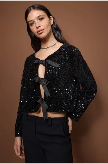 Black sequin front tie jacket