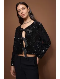 Black sequin front tie jacket