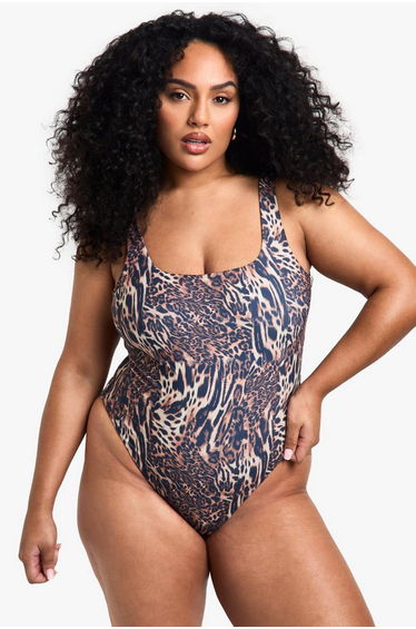 Plus Swimwear Essentials Leopard Scoop Neck Swimsuit - leopard