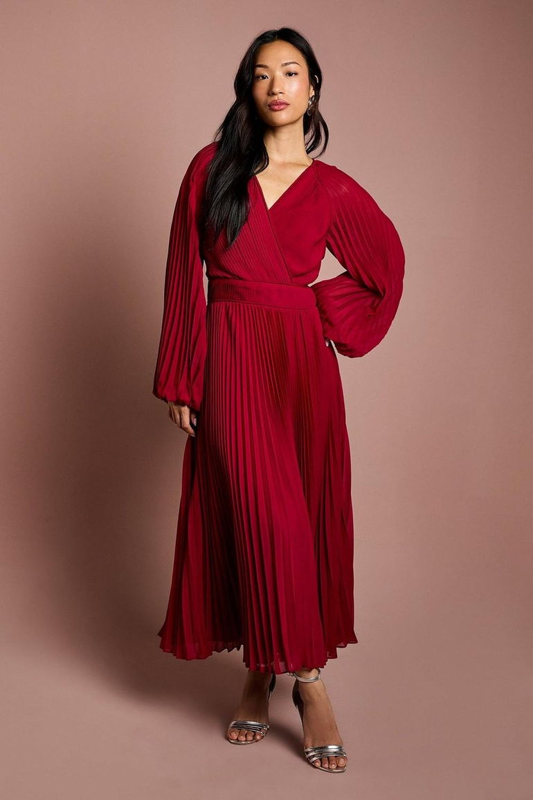 Long Sleeve Chiffon Pleated Wrap Midi Dress Coast Fashion Red : Evening  Dresses : VogaCloset Oman