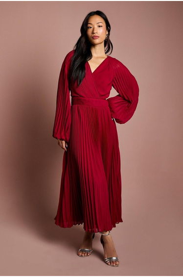 Long Sleeve Chiffon Pleated Wrap Midi Dress