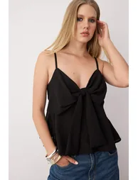 Black Linen Look Bow Detailed Strap Woven Blouse - 1