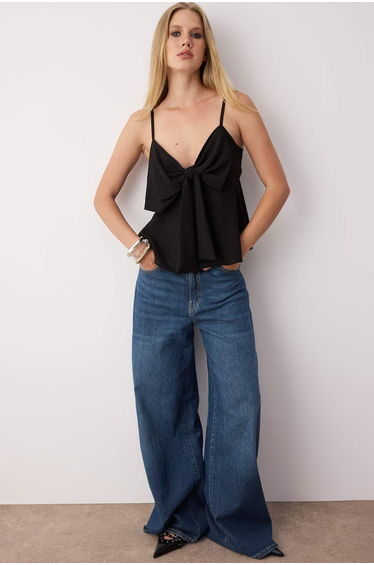 Black Linen Look Bow Detailed Strap Woven Blouse