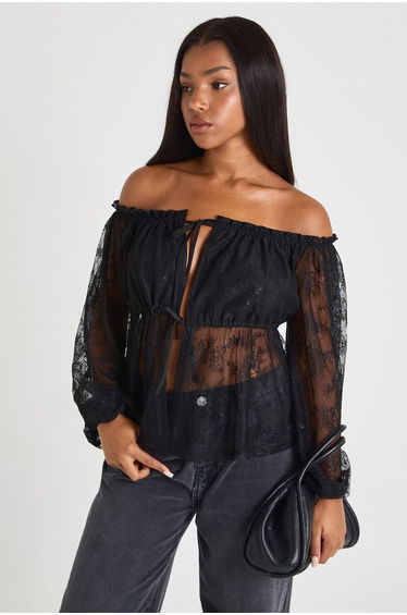 Lace Bardot Tie Front Top - black