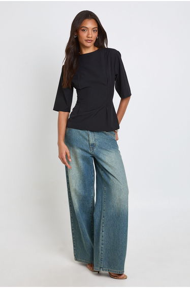 Tall Woven Marl Cinch Waist Top - black