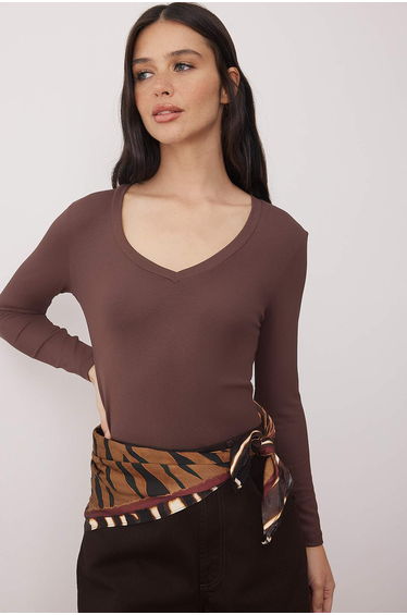 Brown premium soft fabric v-neck fitted/body-fitting stretch knit top