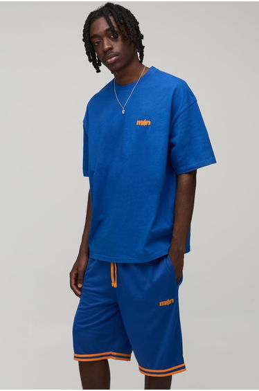 Man Star Applique Oversized T-Shirt & Basketball Short Set - blue
