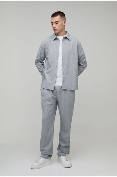 Pinstripe Regular Shirt & Straight Leg Trouser Set - grey