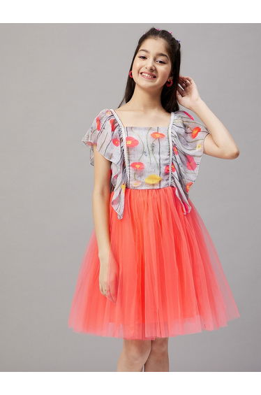 Frill Sleeve Printed Dress with Mesh Insert