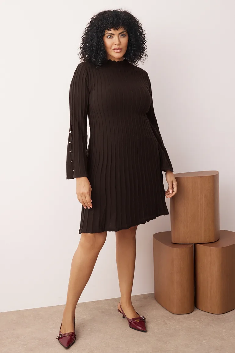 Brown ribbed accessory detailed knitwear dress Trendyol Curve Brown :  Dresses : VogaCloset Libya