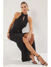 Black Accessory Detailed Knitted Long Elegant Evening Dress & Graduation Dress - 1