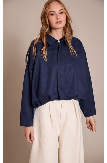 Navy Zip Through Faux Suede Bomber Jacket