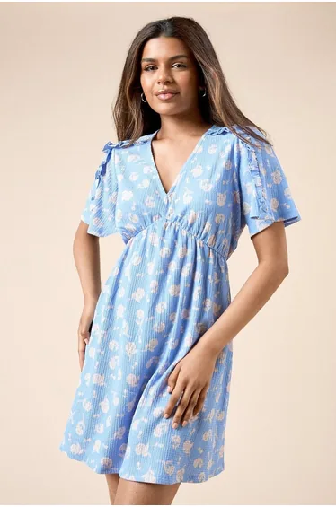 Petite Blue Ditsy Frill Detail Angel Sleeve Mini Dress