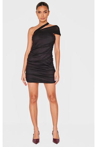 Black Mesh Neck Detail Mini Dress