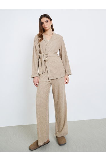 Women Beige Longline Belted Cardigan and Pants Co-Ords