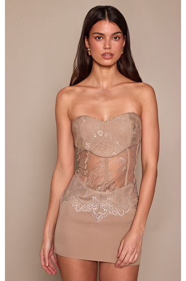 Taupe Woven Bandeau Corset Lace Panel Bodycon Dress
