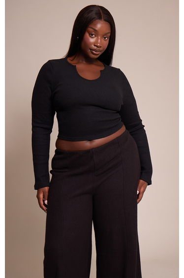 Plus Black Soft Touch Rib Round Neck Long Sleeve Top