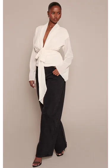 Cream Chiffon Cinched Drape Detail Blouse