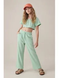 Green Girl's Muslin Plain Knitted Top and Bottom Set