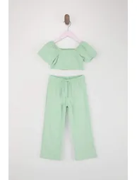 Green Girl's Muslin Plain Knitted Top and Bottom Set - 1