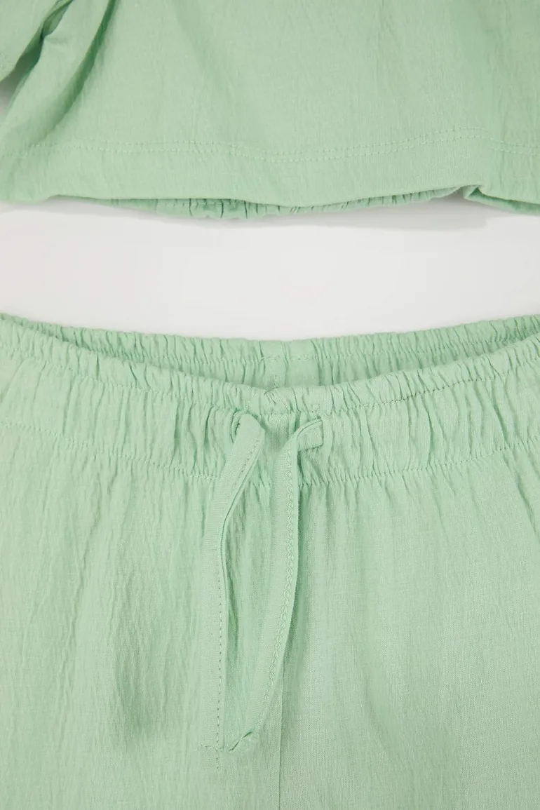Green Girl's Muslin Plain Knitted Top and Bottom Set - 3