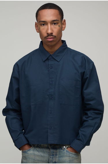 Boxy Fit Cropped Long Sleeve Oxford Shirt - navy