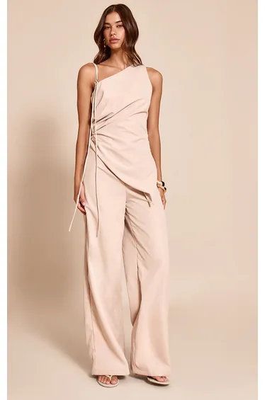 Cream Woven One Shoulder Wide Leg Jumpsuit