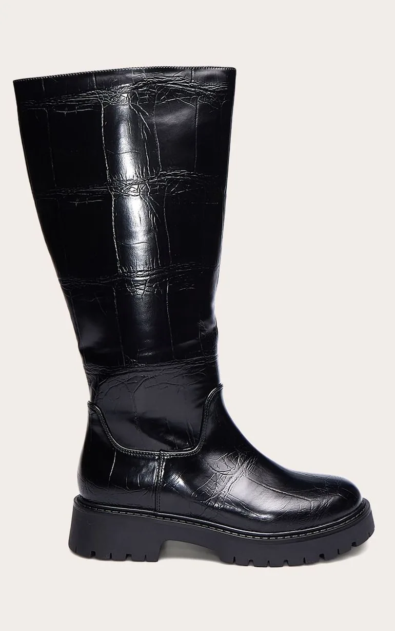 Black Croc Wide Fit Chunky Cleated Sole Knee Boot - 1