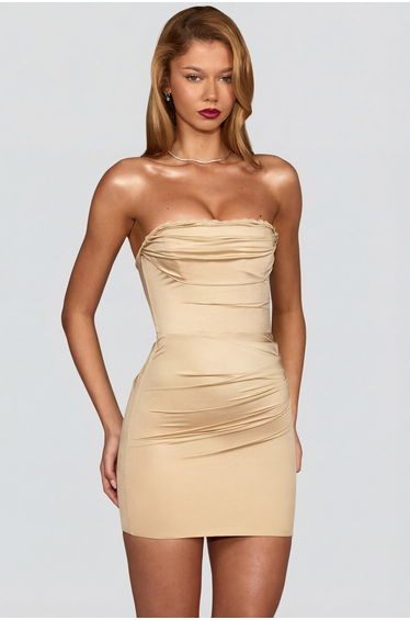 Ruched Bandeau Mini Dress in Champagne