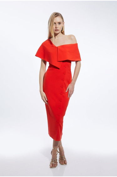 Tall Compact Stretch Off Shoulder Button Through Tailored Midaxi Pencil Dress