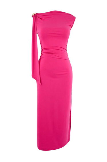 Fuchsia Bodycon Drape Collar Sleeveless Accessory Detailed Maxi Stretchy Knitted Dress