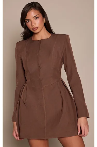 Premium Chocolate Woven Structured Hip Detail Blazer Dress