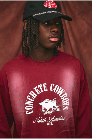 Oversized Long Sleeve Washed Cowboy T-Shirt - burgundy