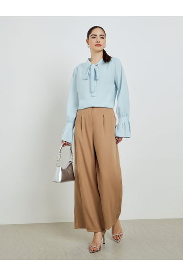 Blue Tie-Up Neck Long Sleeve Blouse