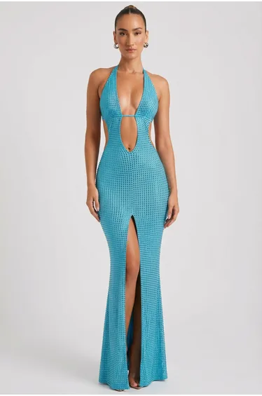 Embellished Cut-Out Halterneck Maxi Dress in Aqua Blue