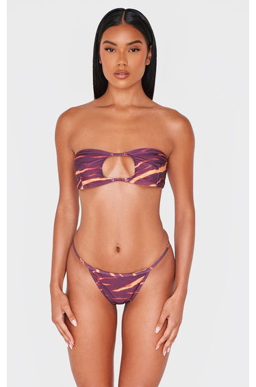 Red Abstract Print Bandeau Cut Out Bikini Top