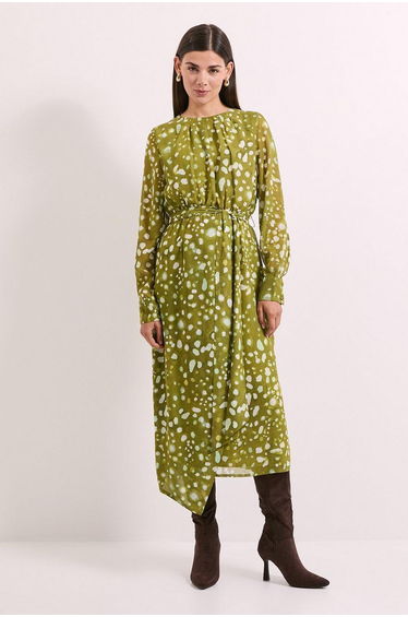 Green Spot Pleat Neck Drape Midi Dress