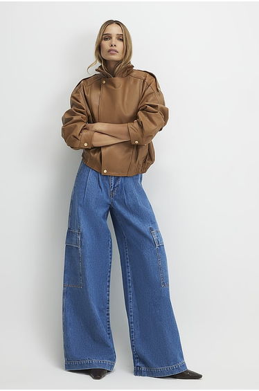 Blue Wide Leg Pleated Cargo Pocket Jeans