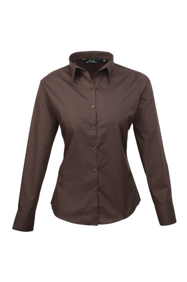 Premier Womens/Ladies Poplin Long Sleeve Blouse / Plain Work Shirt - Brown