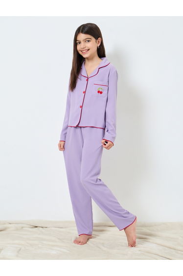 Purple Cherry Embroidered Shirt and Pyjama Set