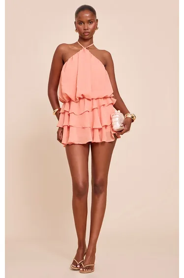 Peach Chiffon Frill Detail Halterneck Playsuit