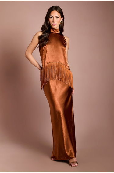 Coast Muse Satin Fringe Halterneck Maxi Dress